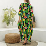 Black Tropical Pineapple Pattern Print Silk V-Neck Kaftan Dress