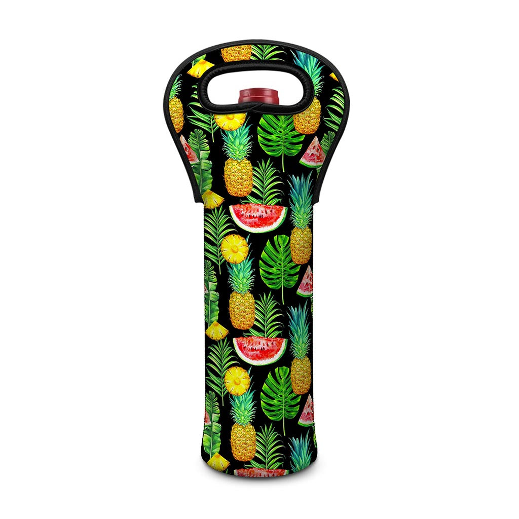 Black Tropical Pineapple Pattern Print Single Neoprene Wine Tote