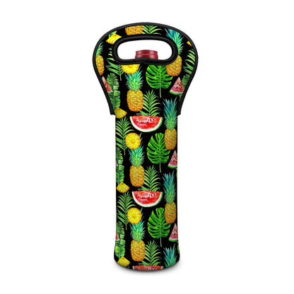 Black Tropical Pineapple Pattern Print Single Neoprene Wine Tote