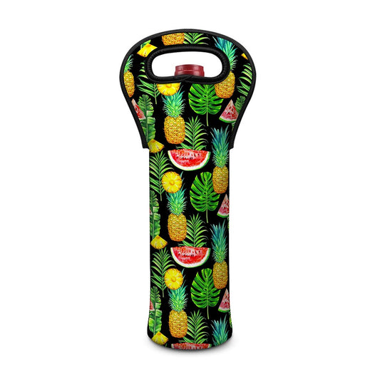 Black Tropical Pineapple Pattern Print Single Neoprene Wine Tote