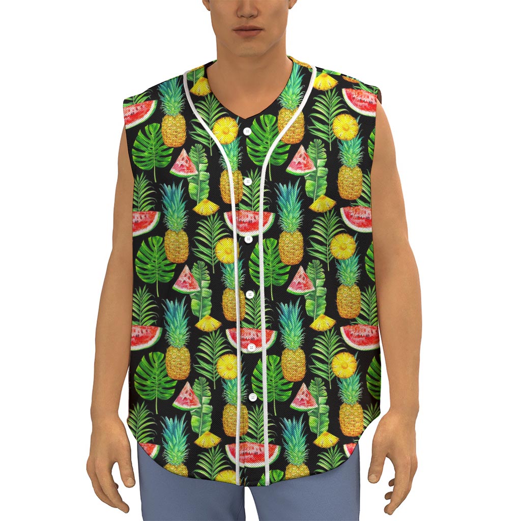 Black Tropical Pineapple Pattern Print Sleeveless Baseball Jersey