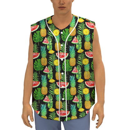 Black Tropical Pineapple Pattern Print Sleeveless Baseball Jersey
