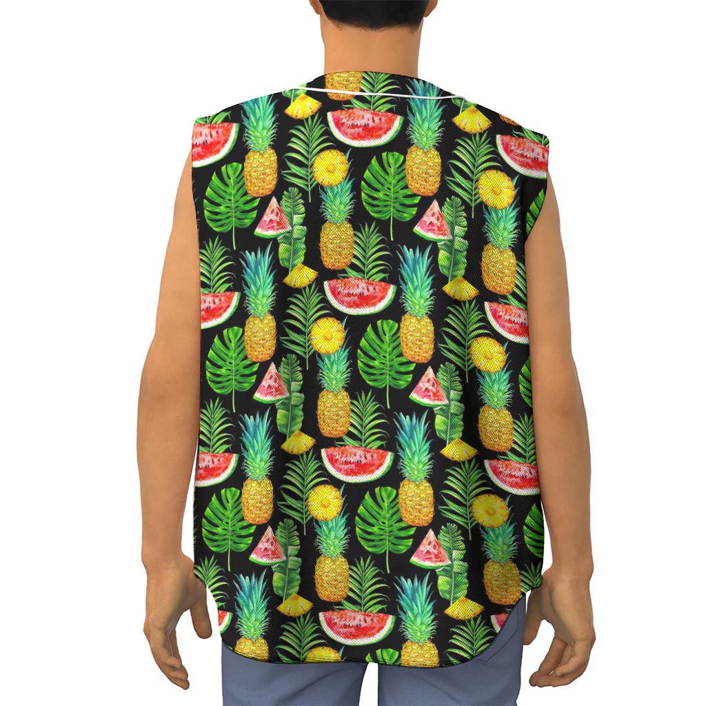 Black Tropical Pineapple Pattern Print Sleeveless Baseball Jersey