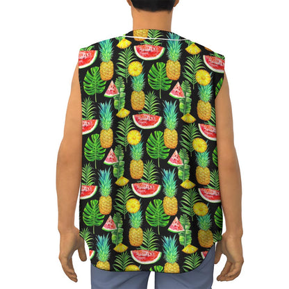Black Tropical Pineapple Pattern Print Sleeveless Baseball Jersey