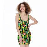Black Tropical Pineapple Pattern Print Sleeveless Bodycon Dress