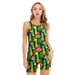 Black Tropical Pineapple Pattern Print Sleeveless One Piece Swimsuit