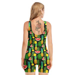 Black Tropical Pineapple Pattern Print Sleeveless One Piece Swimsuit