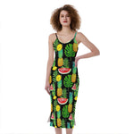 Black Tropical Pineapple Pattern Print Slim Fit Midi Cami Dress
