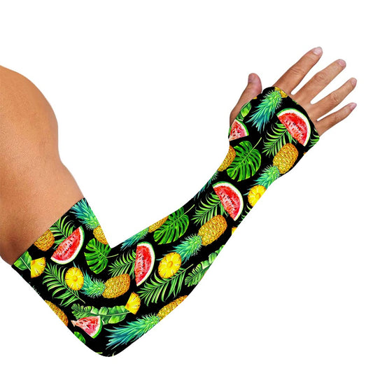 Black Tropical Pineapple Pattern Print Sun Protection Arm Sleeves