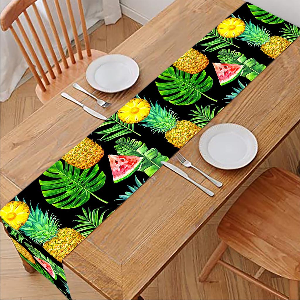 Black Tropical Pineapple Pattern Print Table Runner