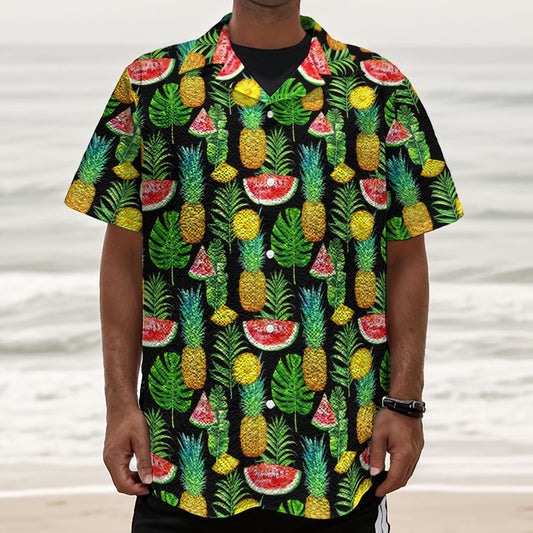 Black Tropical Pineapple Pattern Print Textured Short Sleeve Shirt