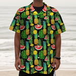Black Tropical Pineapple Pattern Print Textured Short Sleeve Shirt