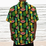 Black Tropical Pineapple Pattern Print Textured Short Sleeve Shirt