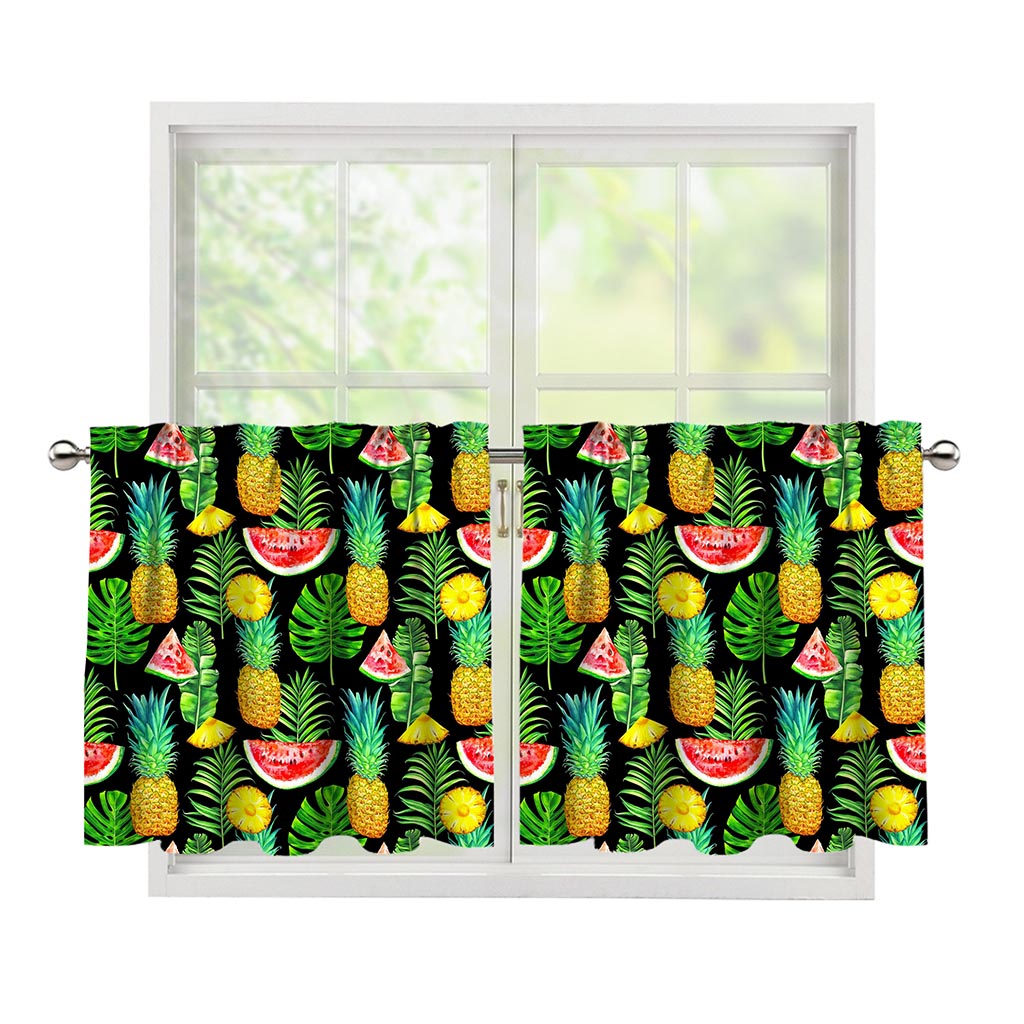 Black Tropical Pineapple Pattern Print Tier Curtains