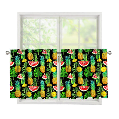 Black Tropical Pineapple Pattern Print Tier Curtains
