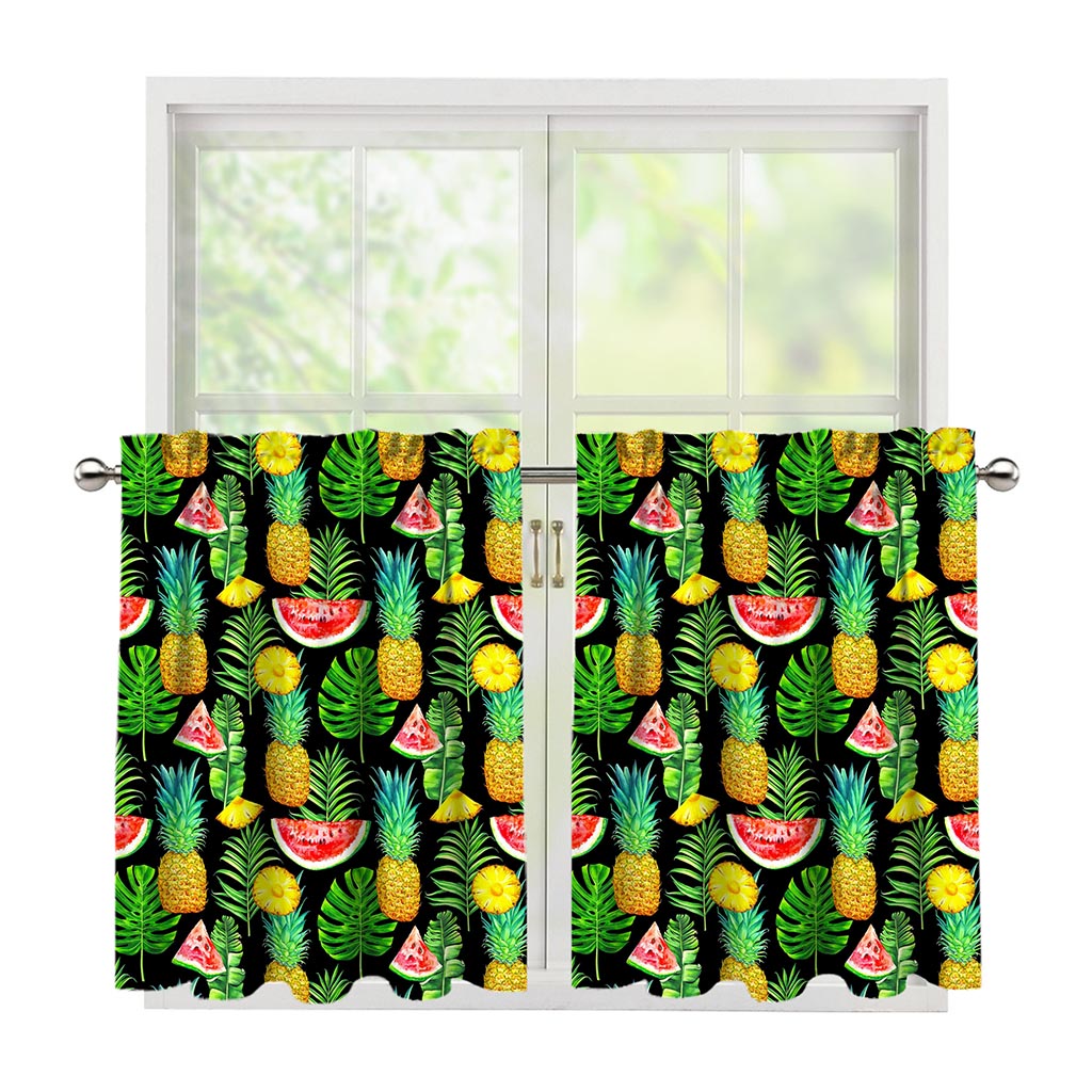 Black Tropical Pineapple Pattern Print Tier Curtains