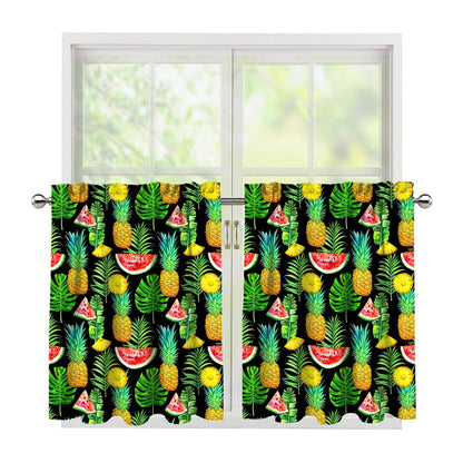 Black Tropical Pineapple Pattern Print Tier Curtains
