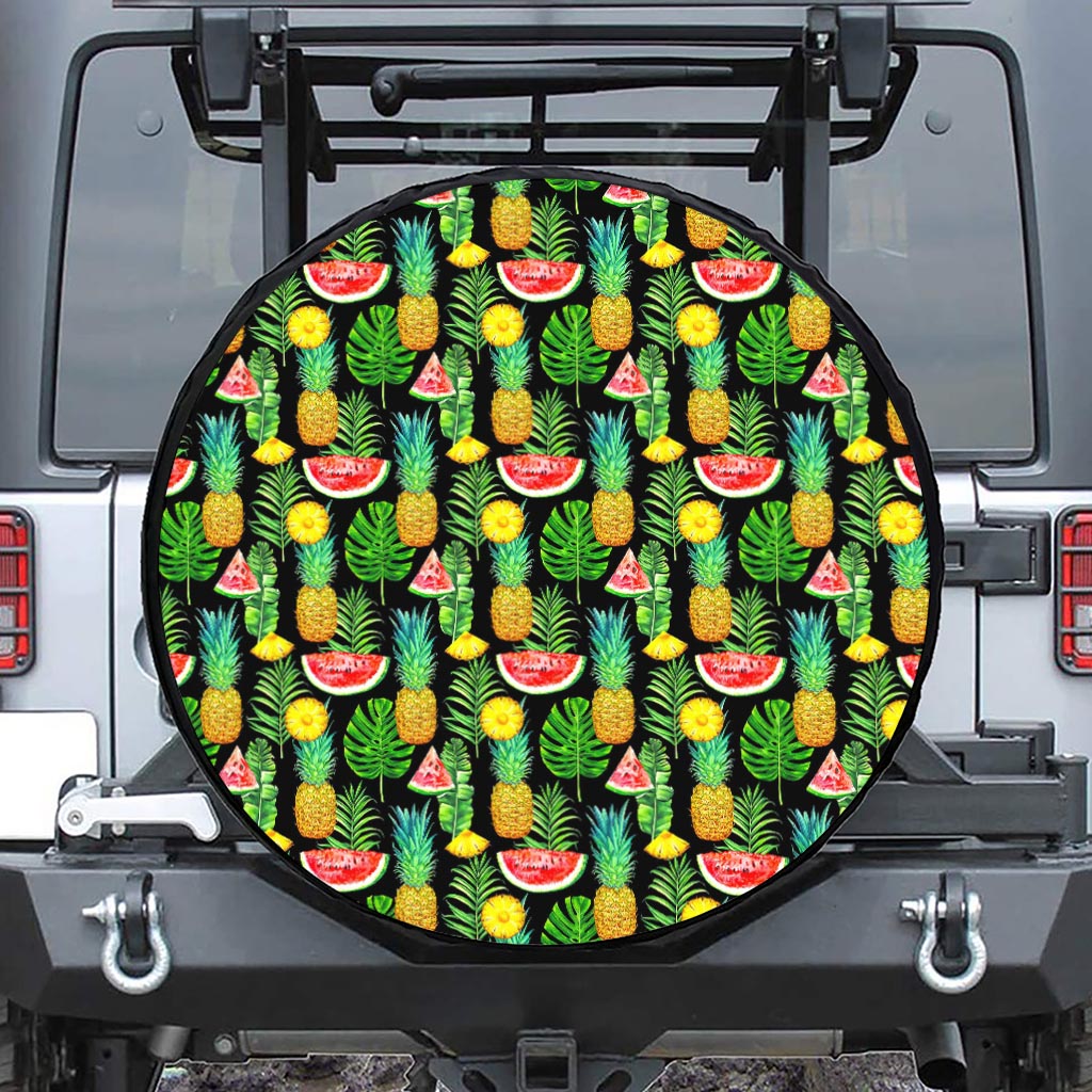 Black Tropical Pineapple Pattern Print Tire Cover