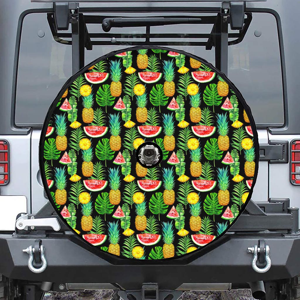 Black Tropical Pineapple Pattern Print Tire Cover With Camera Hole