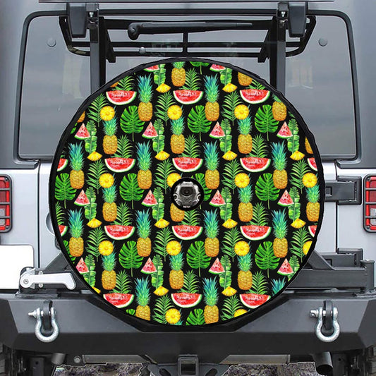 Black Tropical Pineapple Pattern Print Tire Cover With Camera Hole