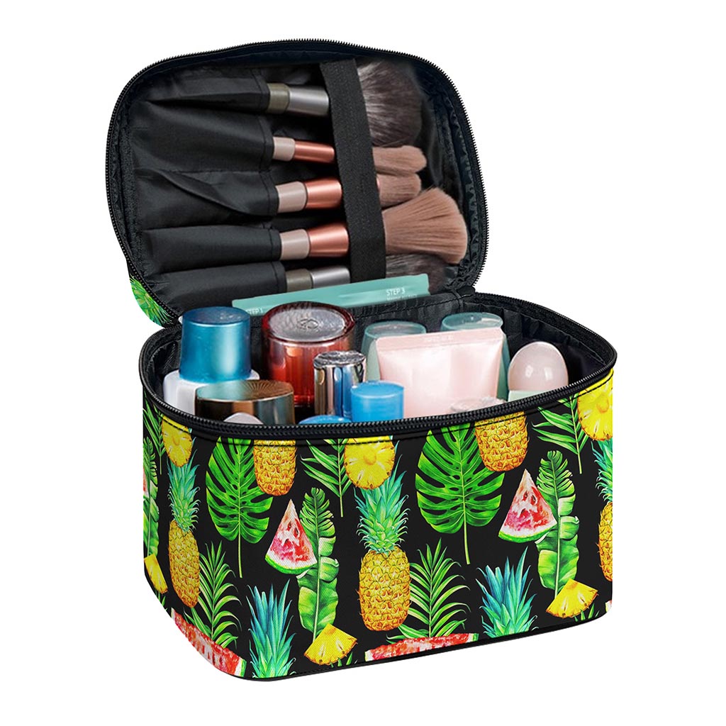 Black Tropical Pineapple Pattern Print Travel Makeup Bag
