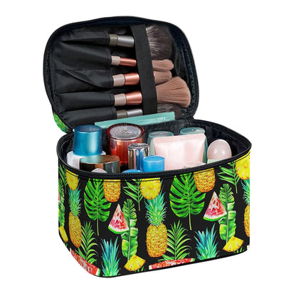 Black Tropical Pineapple Pattern Print Travel Makeup Bag