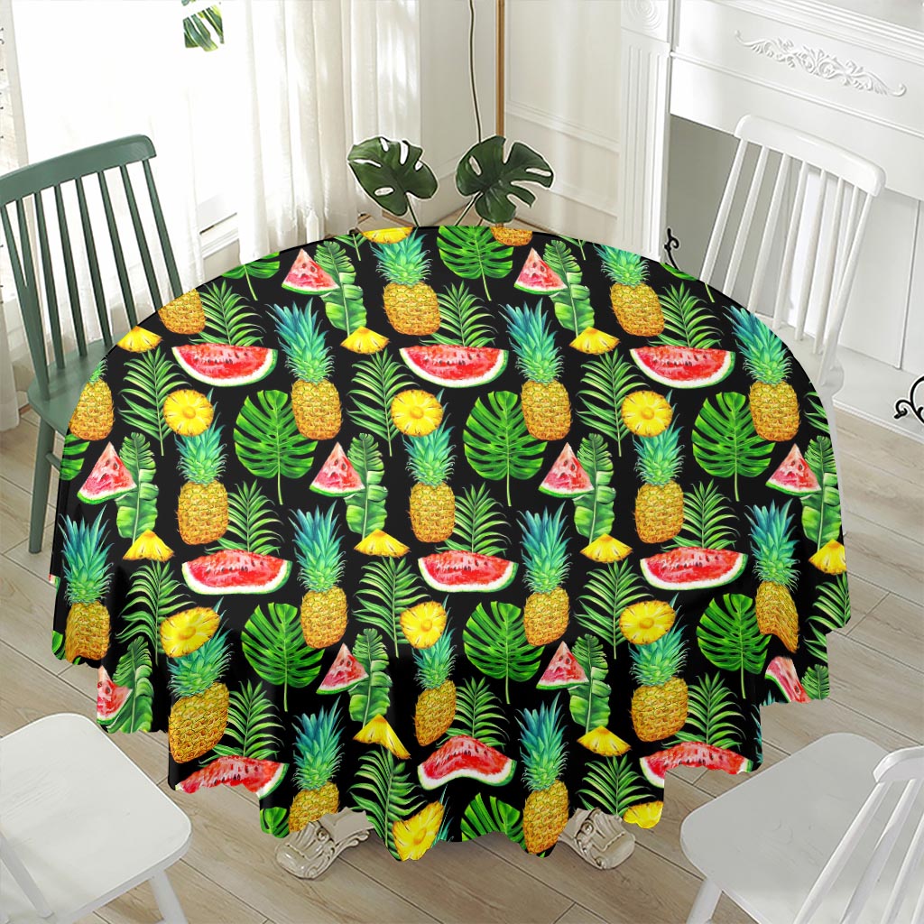 Black Tropical Pineapple Pattern Print Waterproof Round Tablecloth