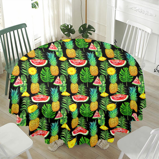 Black Tropical Pineapple Pattern Print Waterproof Round Tablecloth