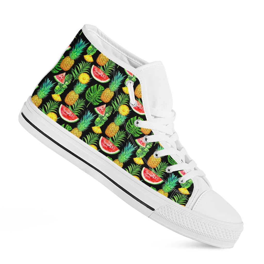 Black Tropical Pineapple Pattern Print White High Top Sneakers