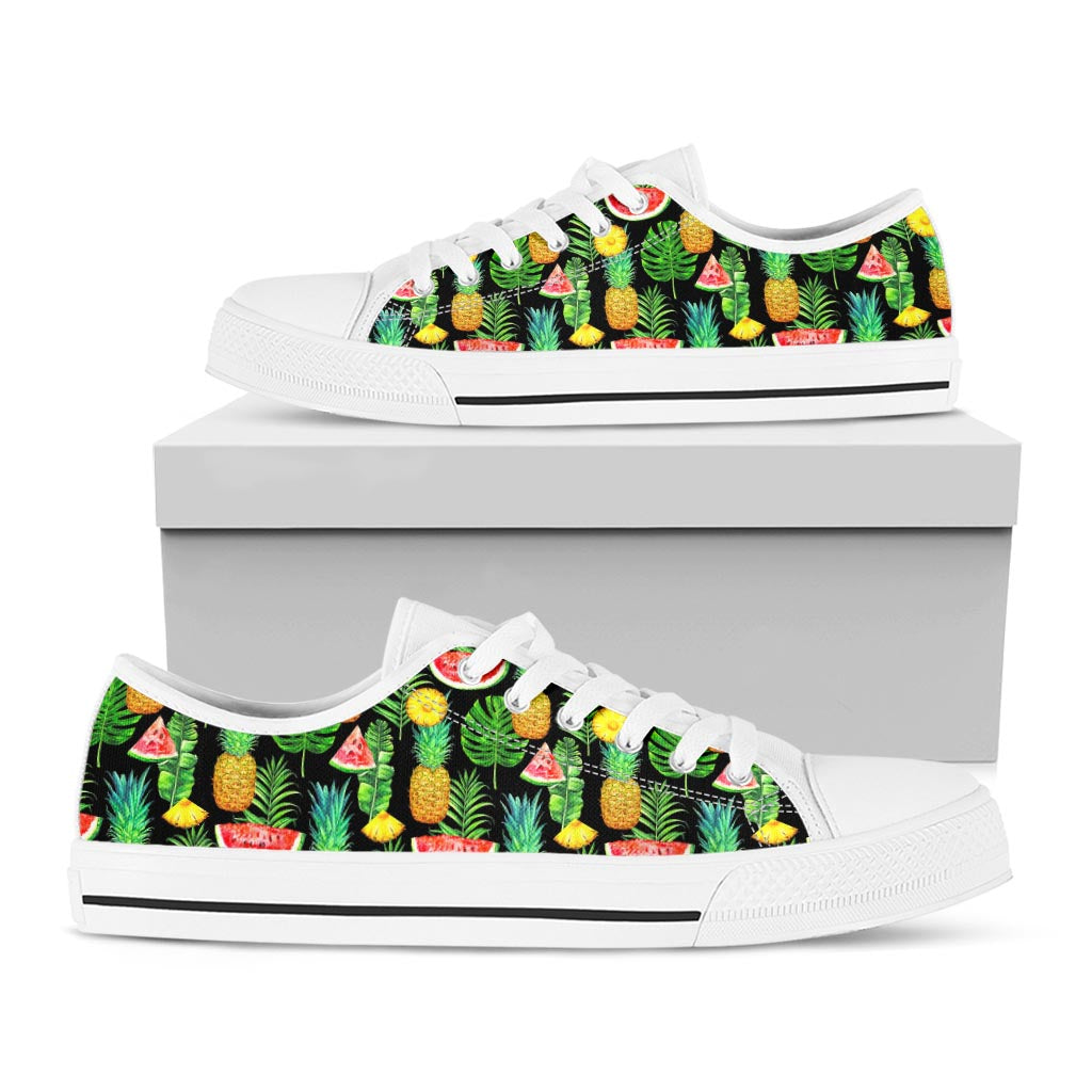 Black Tropical Pineapple Pattern Print White Low Top Sneakers