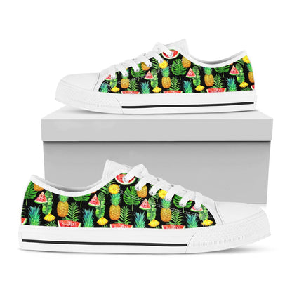 Black Tropical Pineapple Pattern Print White Low Top Sneakers