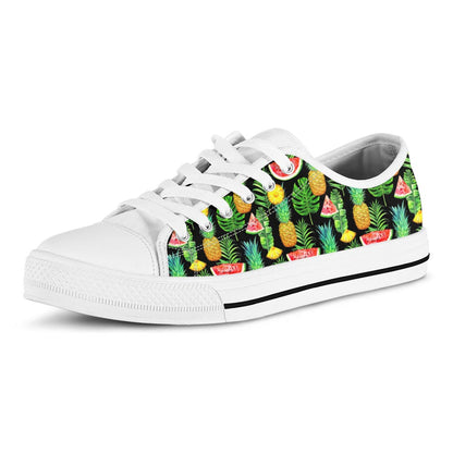 Black Tropical Pineapple Pattern Print White Low Top Sneakers