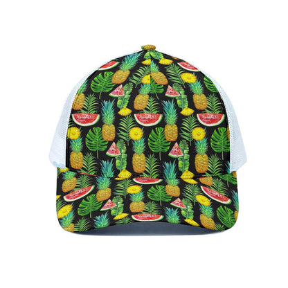 Black Tropical Pineapple Pattern Print White Mesh Trucker Cap