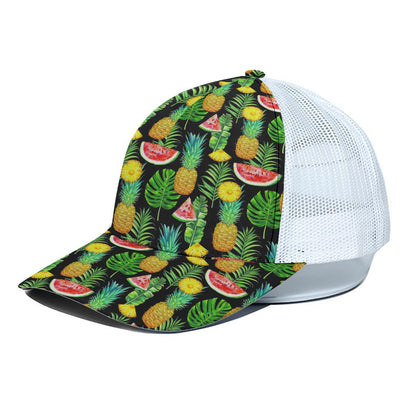 Black Tropical Pineapple Pattern Print White Mesh Trucker Cap