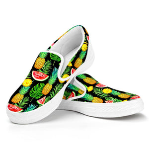 Black Tropical Pineapple Pattern Print White Slip On Sneakers