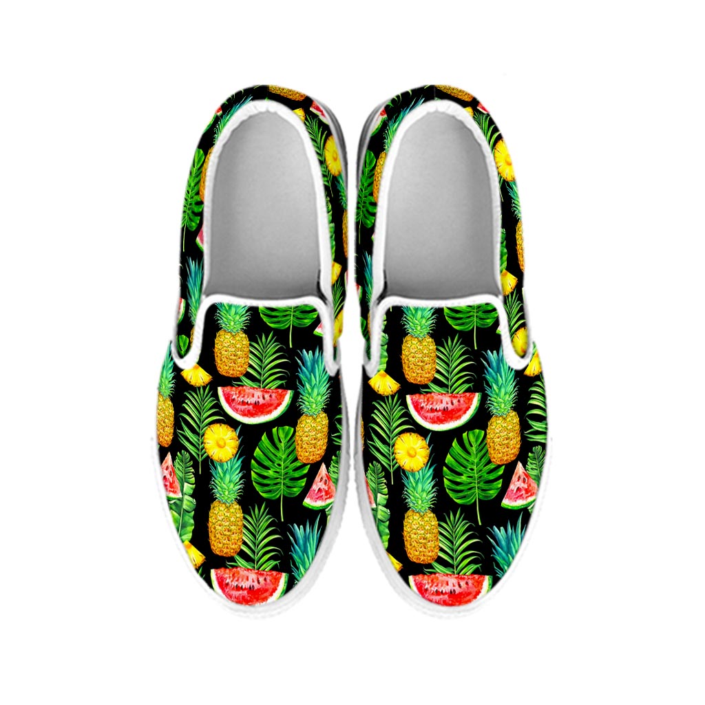 Black Tropical Pineapple Pattern Print White Slip On Sneakers