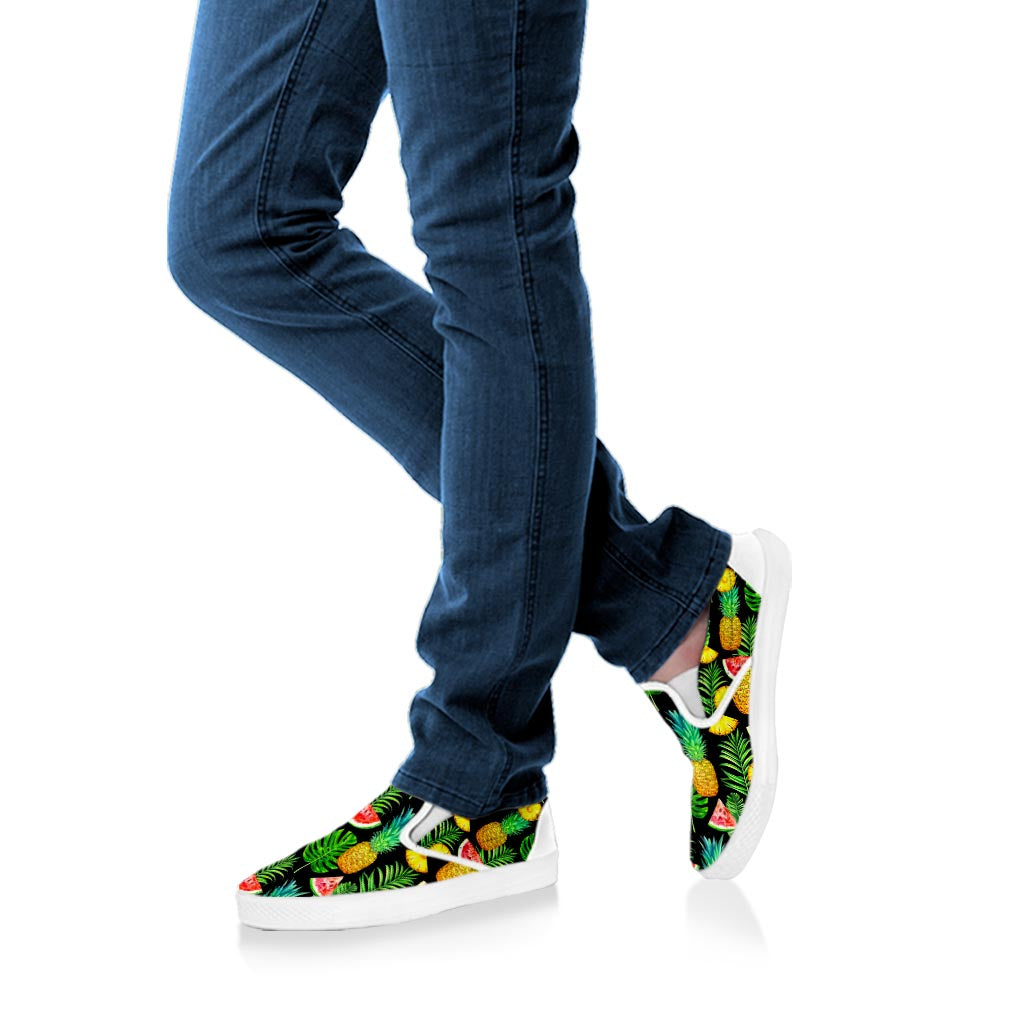 Black Tropical Pineapple Pattern Print White Slip On Sneakers