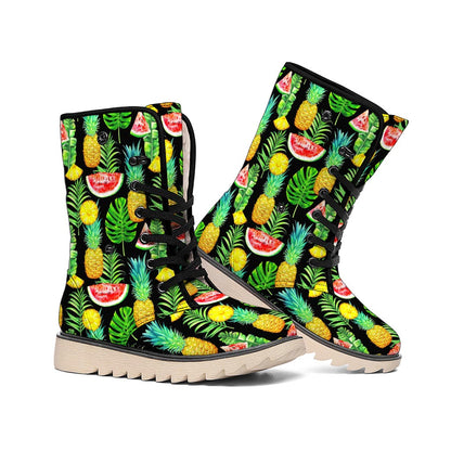 Black Tropical Pineapple Pattern Print Winter Boots