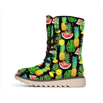 Black Tropical Pineapple Pattern Print Winter Boots