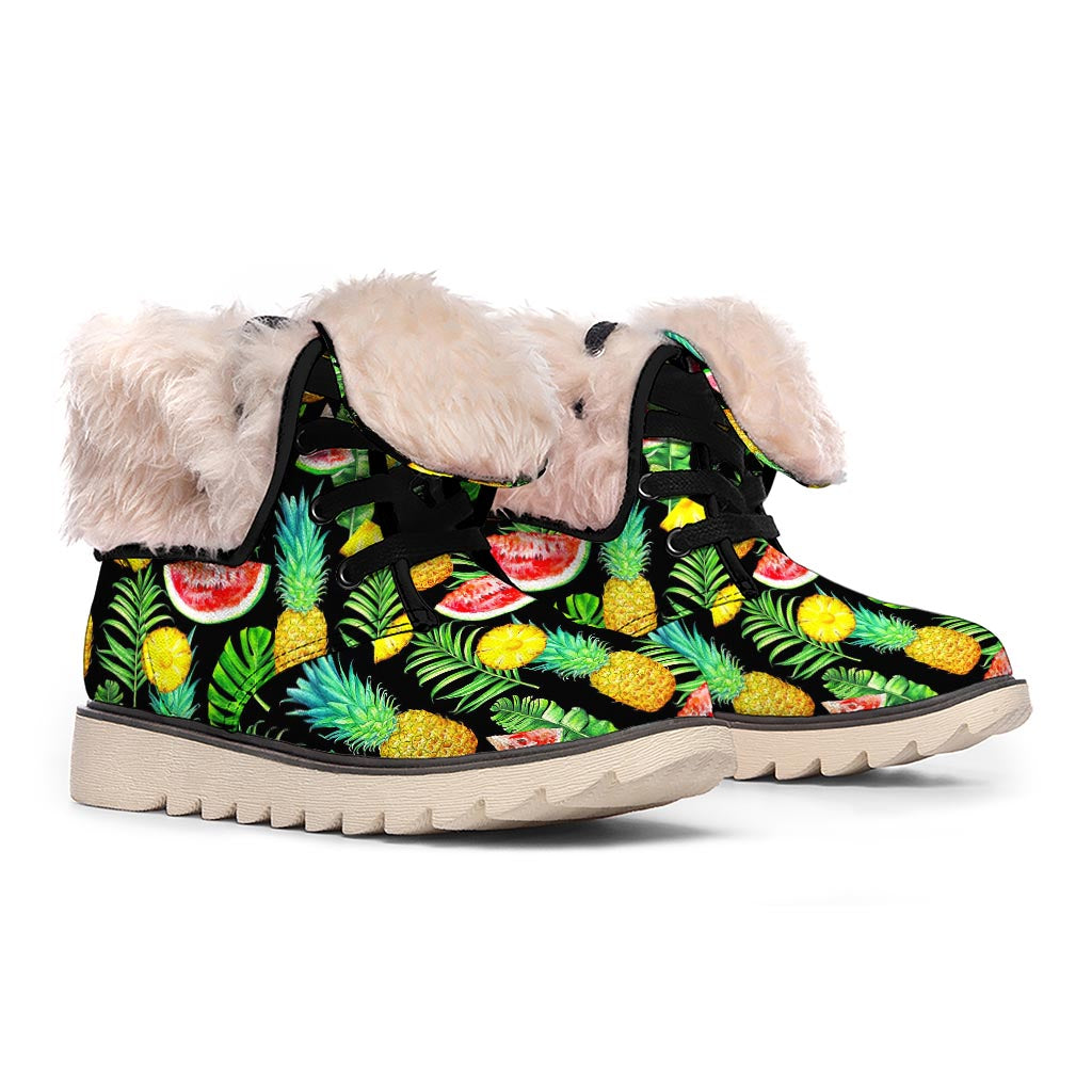 Black Tropical Pineapple Pattern Print Winter Boots
