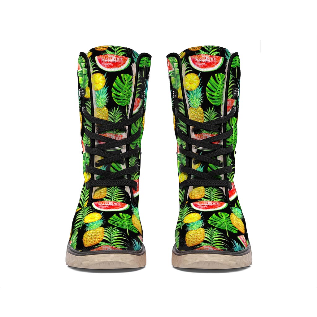 Black Tropical Pineapple Pattern Print Winter Boots