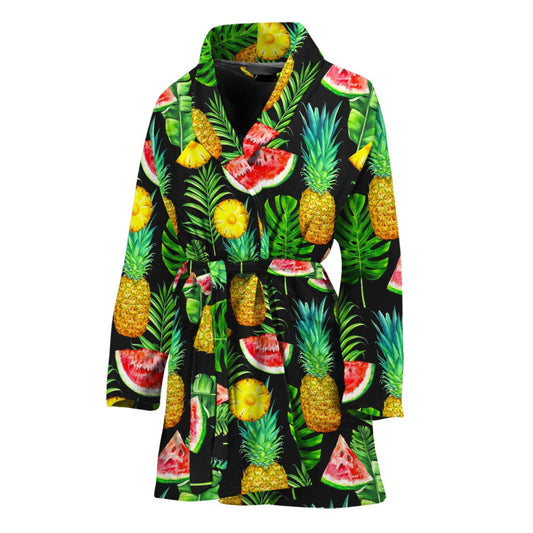 Black Tropical Pineapple Pattern Print Women's Bathrobe