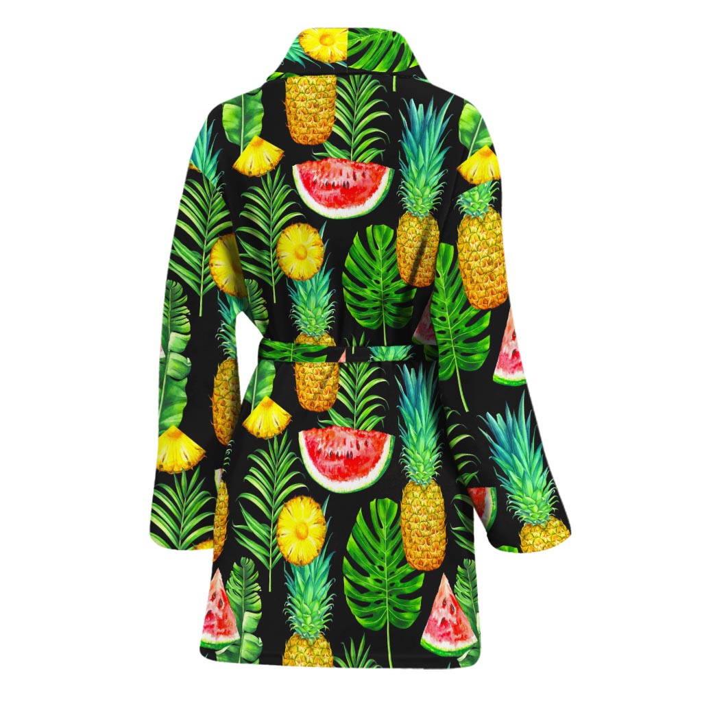 Black Tropical Pineapple Pattern Print Women's Bathrobe