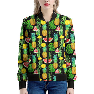 Black Tropical Pineapple Pattern Print Women's Bomber Jacket