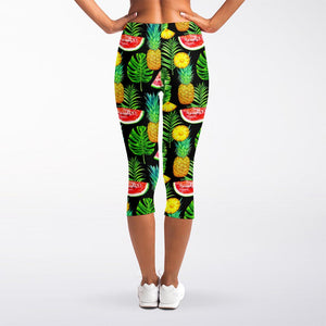 Black Tropical Pineapple Pattern Print Women's Capri Leggings
