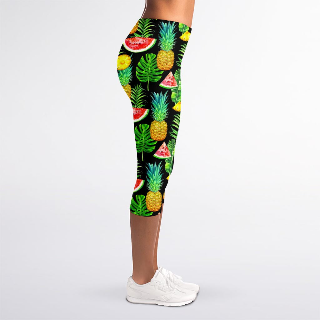 Black Tropical Pineapple Pattern Print Women's Capri Leggings