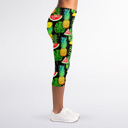 Black Tropical Pineapple Pattern Print Women's Capri Leggings