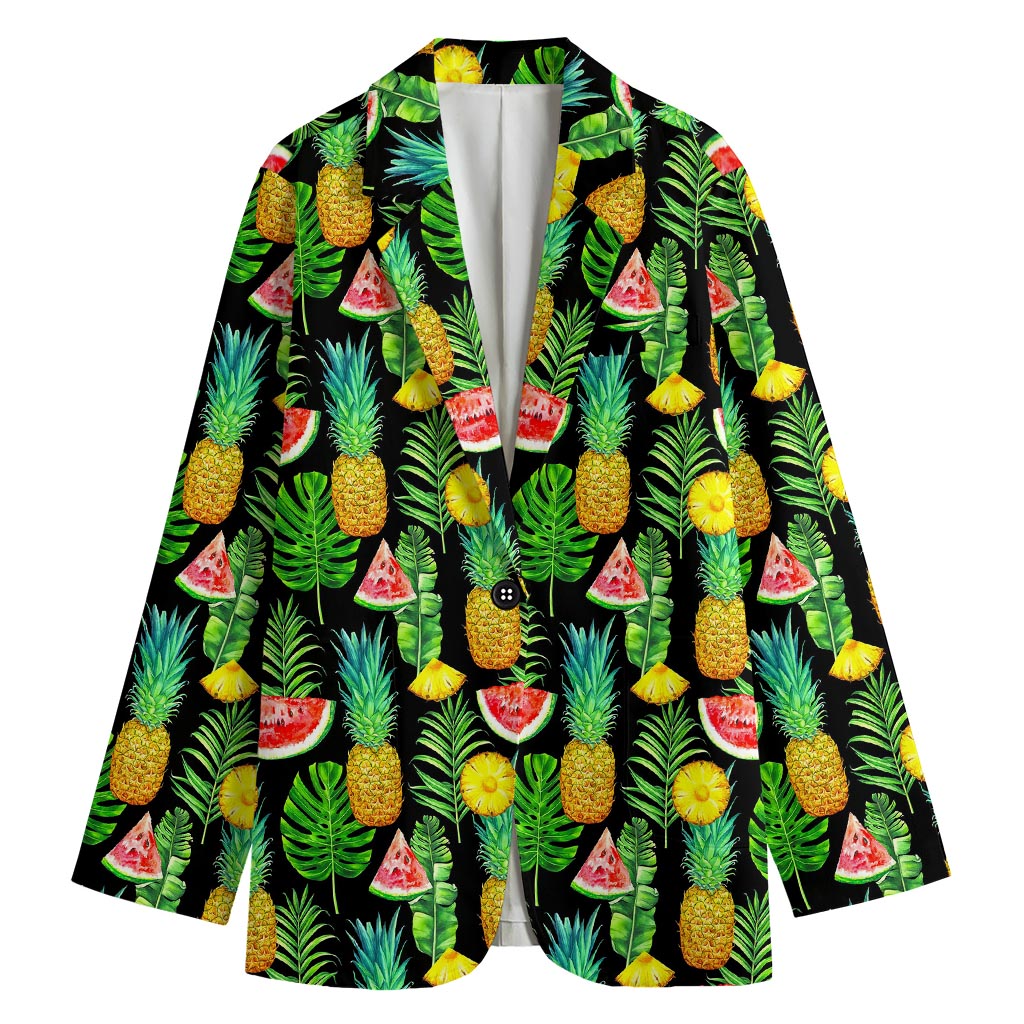 Black Tropical Pineapple Pattern Print Women's Cotton Blazer