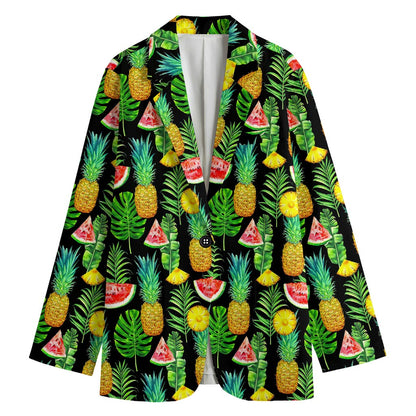 Black Tropical Pineapple Pattern Print Women's Cotton Blazer