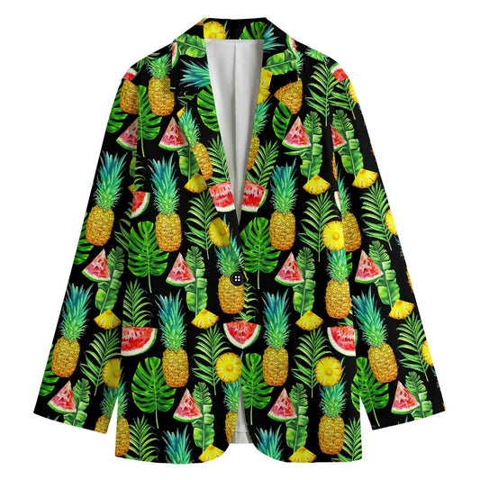 Black Tropical Pineapple Pattern Print Women's Cotton Blazer